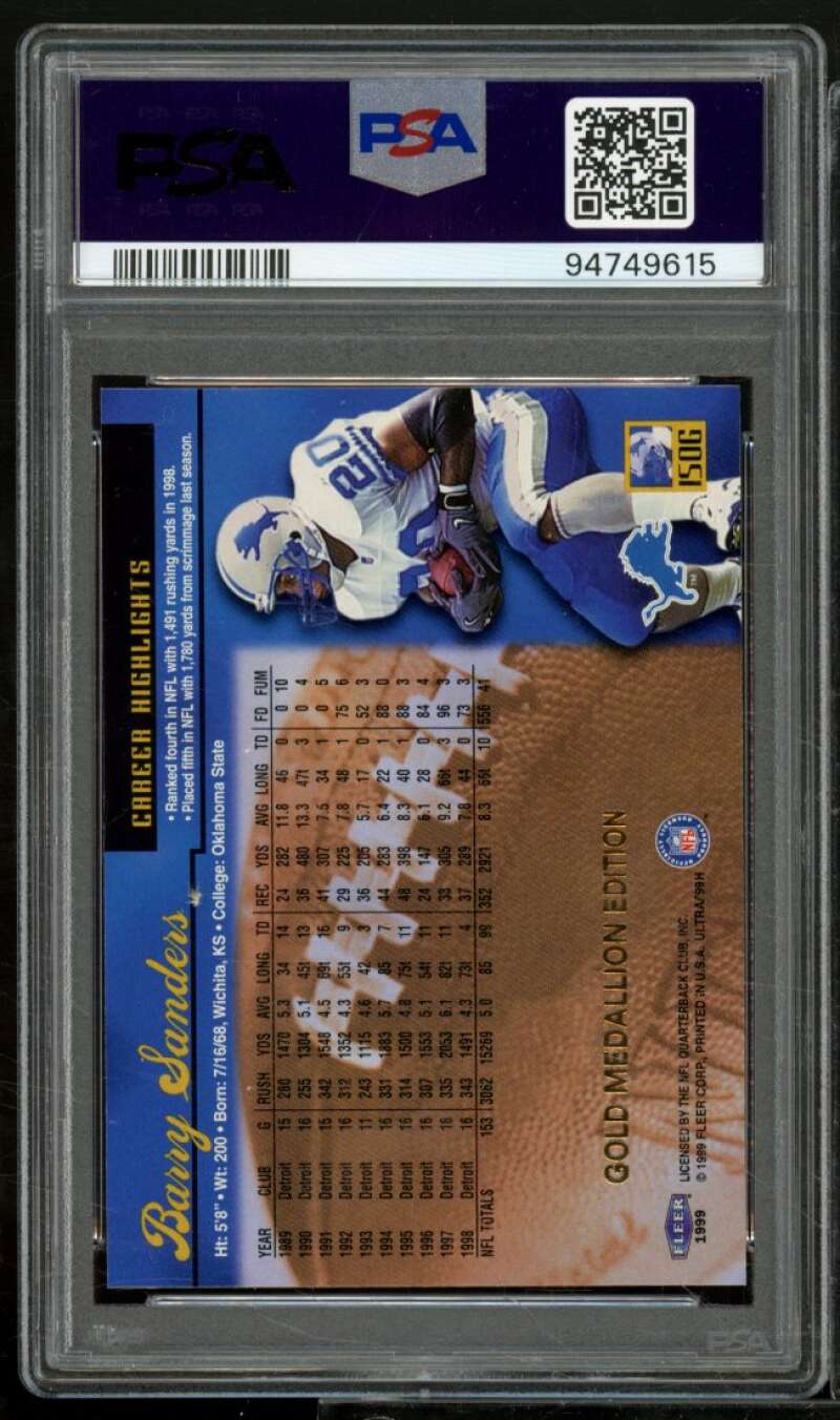 Barry Sanders Card 1999 Ultra Gold Medallion (pop 1) #150G PSA 9 Image 2