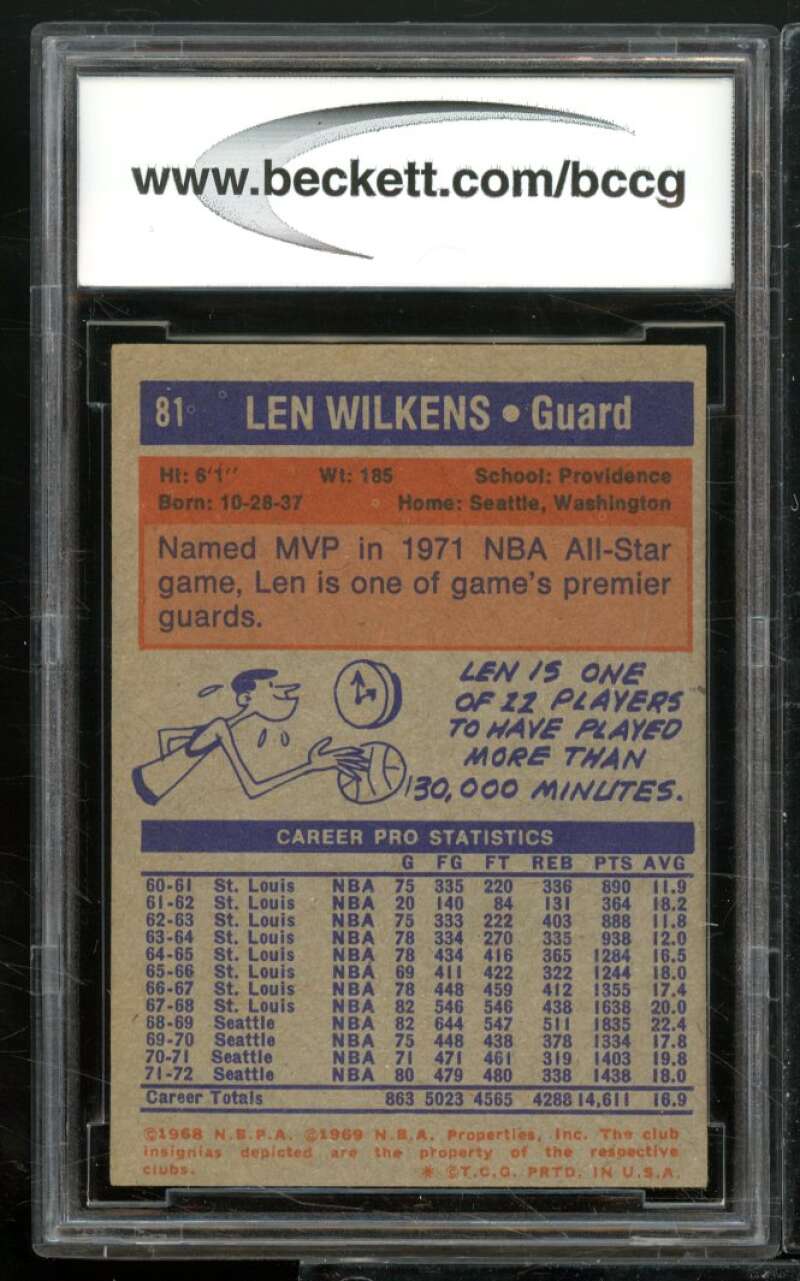 Len Wilkens Card 1972-73 Topps #81 BGS BCCG 8 Image 2