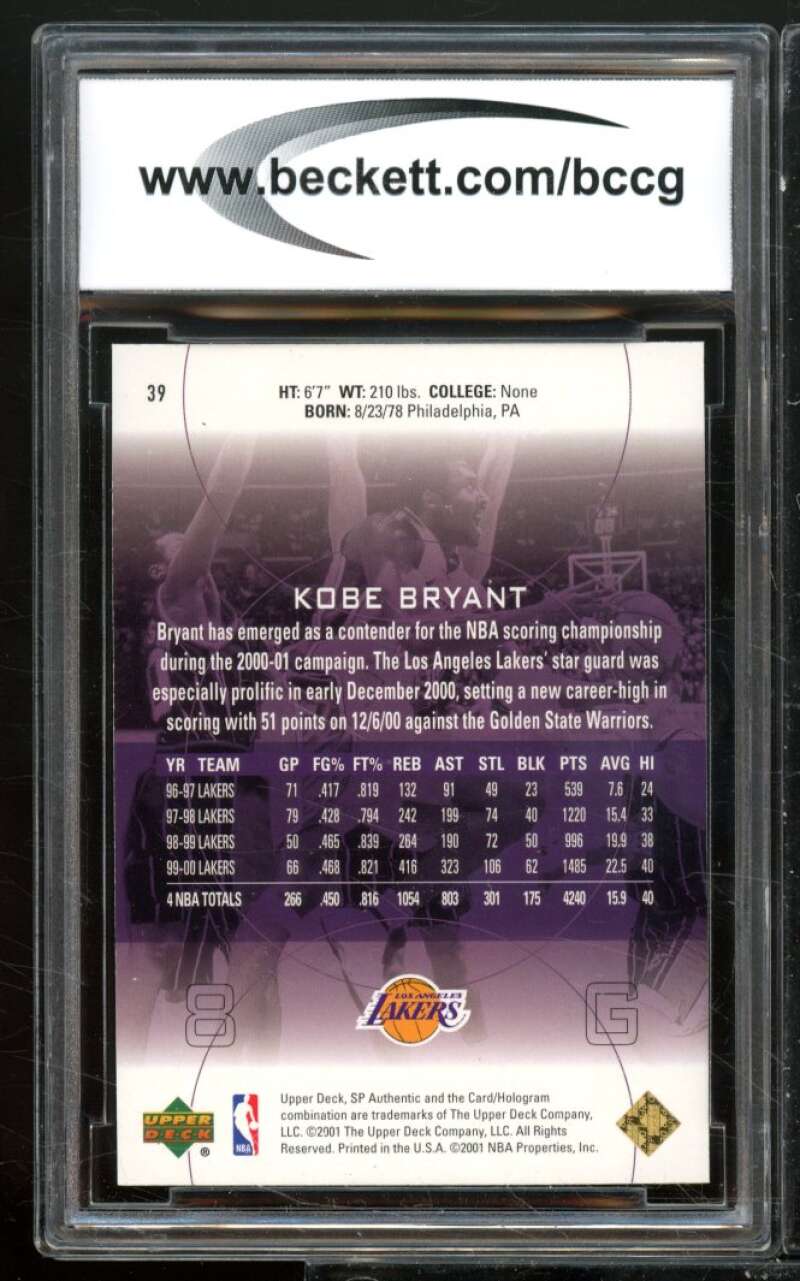 Kobe Bryant Card 2000-01 SP Authentic #39 BGS BCCG 9 Image 2