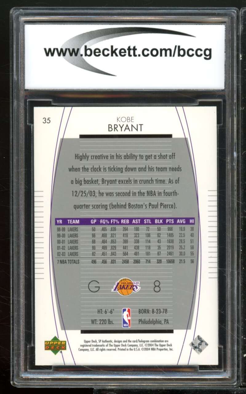 Kobe Bryant Card 2003-04 SP Authentic #35 BGS BCCG 10 Image 2