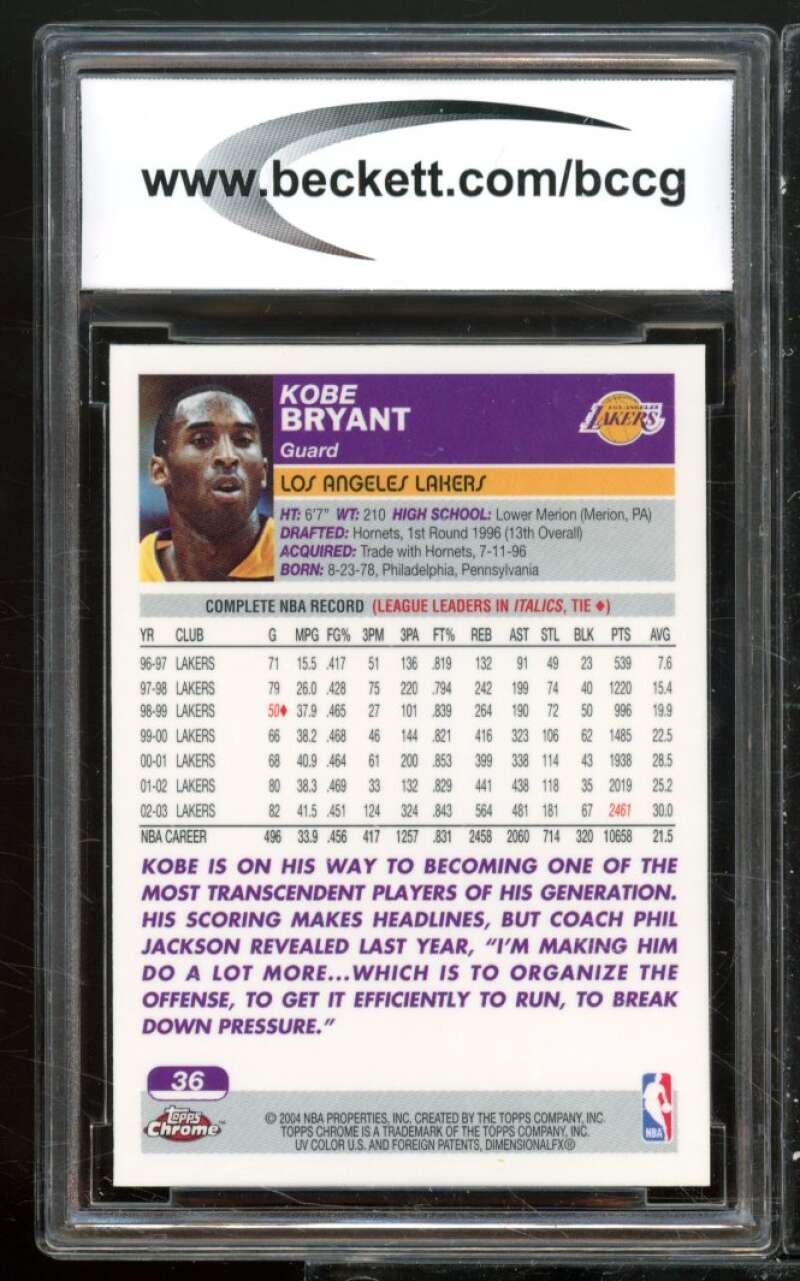 Kobe Bryant Card 2003-04 Topps Chrome #36 BGS BCCG 9 Image 2