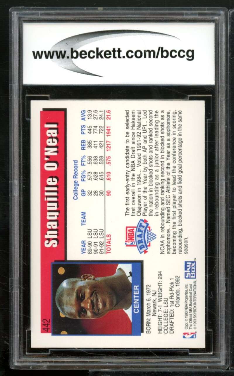 Shaquille O'Neal Rookie Card 1992-93 Hoops #442 BGS BCCG 9 Image 2