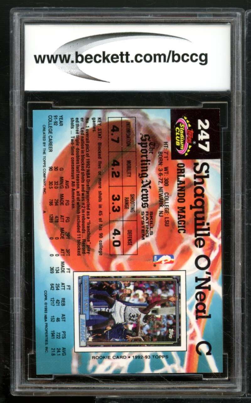 Shaquille O'Neal Rookie Card 1992-93 Stadium Club #247 BGS BCCG 9 Image 2