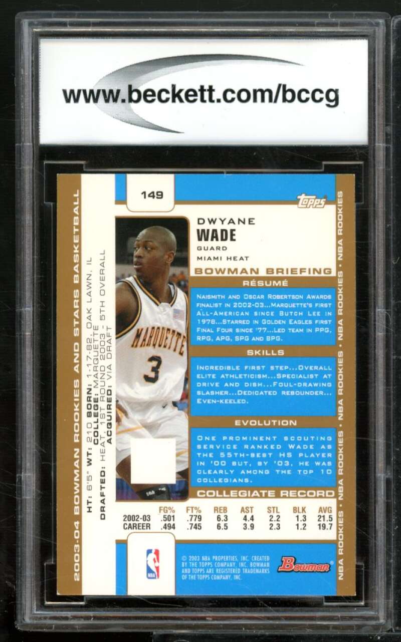 Dwyane Wade Rookie Card 2003-04 Bowman Gold #149 BGS BCCG 9 Image 2