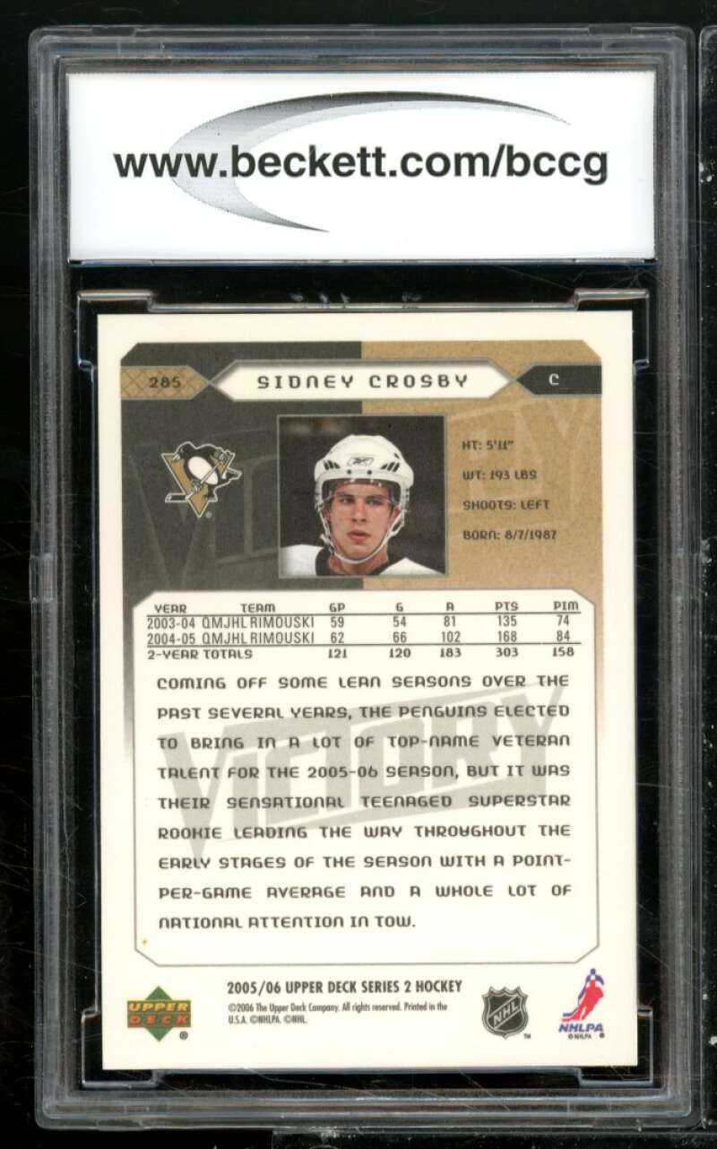 2005-06 Upper Deck Victory #285 Sidney Crosby Rookie Card BGS BCCG 10 Mint+ Image 2