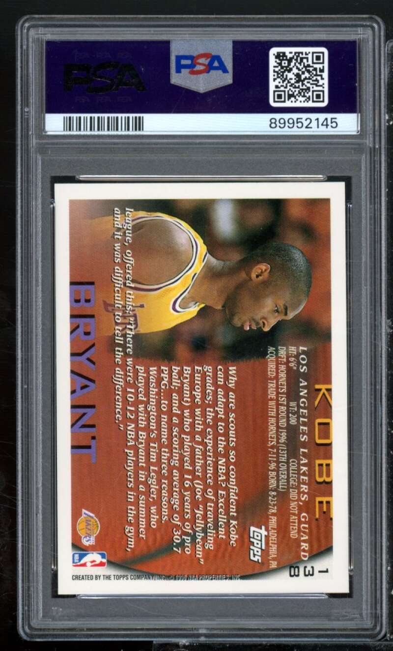 Kobe Bryant Rookie Card 1996-97 Topps #138 PSA 9 Image 2