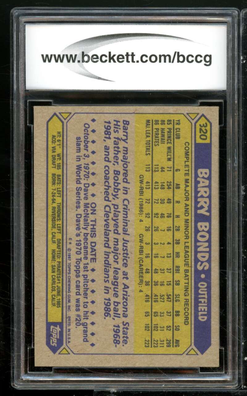 1987 Topps #320 Barry Bonds Rookie Card BGS BCCG 10 Mint+ Image 2