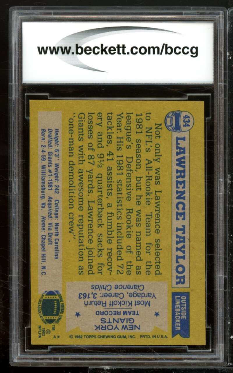 1982 Topps #434 Lawrence Taylor Rookie Card BGS BCCG 9 Near Mint+ Image 2