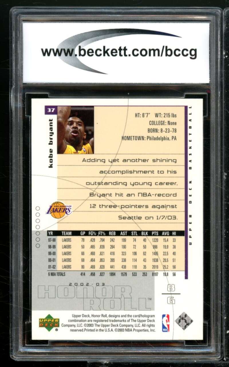 Kobe Bryant Card 2002-03 Upper Deck Honor Roll #37 BGS BCCG 10 Image 2