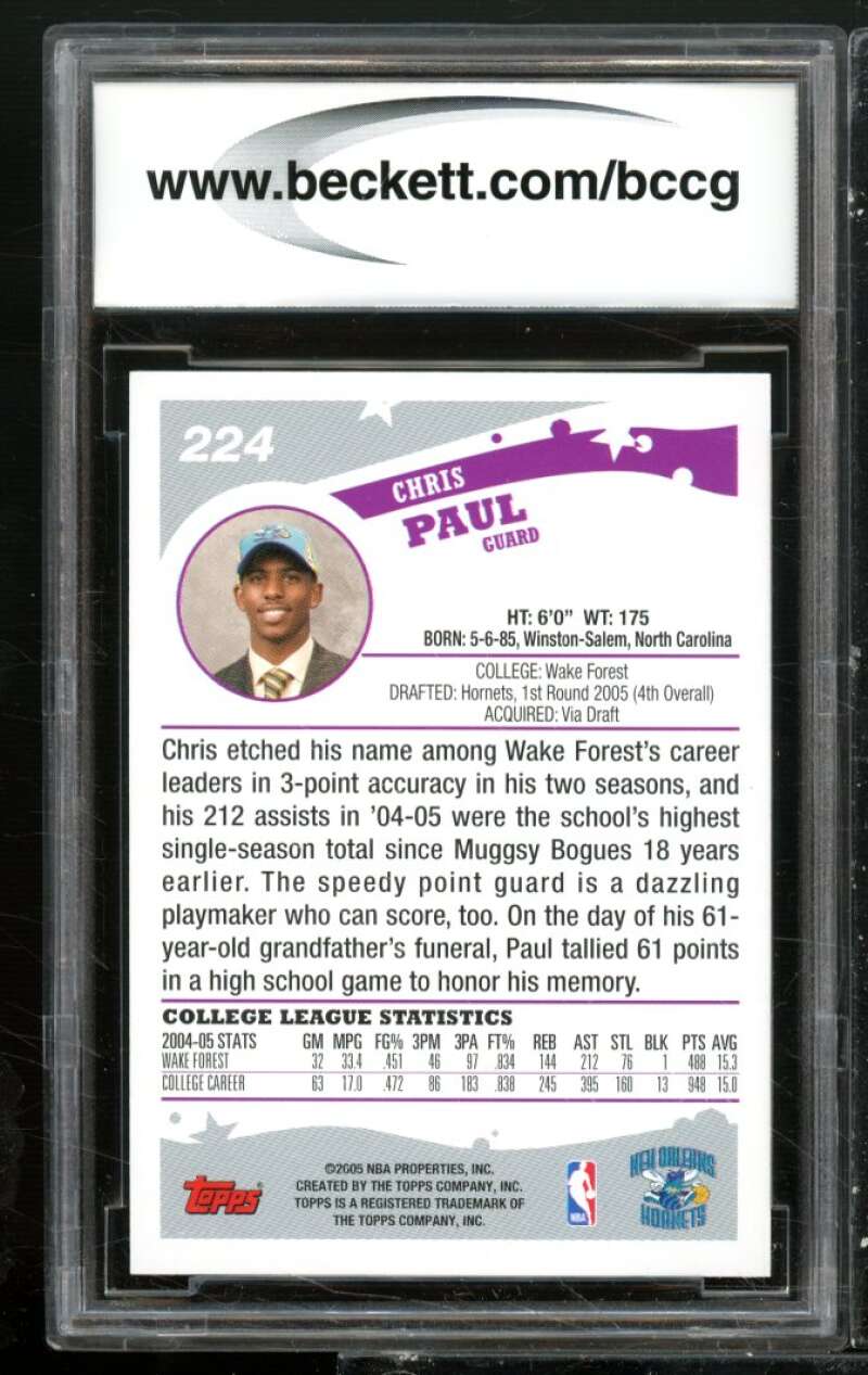 Chris Paul Rookie Card 2005-06 Topps #224 BGS BCCG 10 Image 2