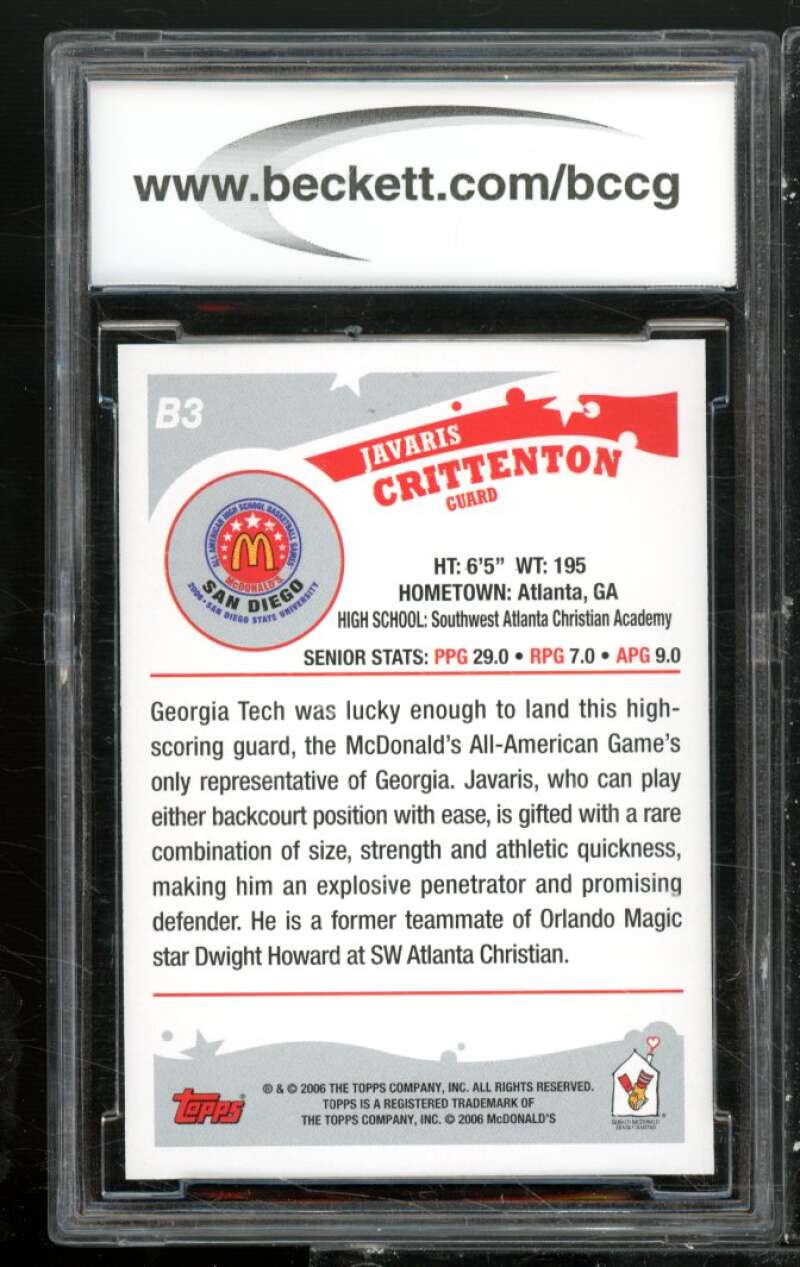 Javaris Crittenton Rookie 2006 Topps McDonald's All-American #B3 BGS BCCG 10 Image 2