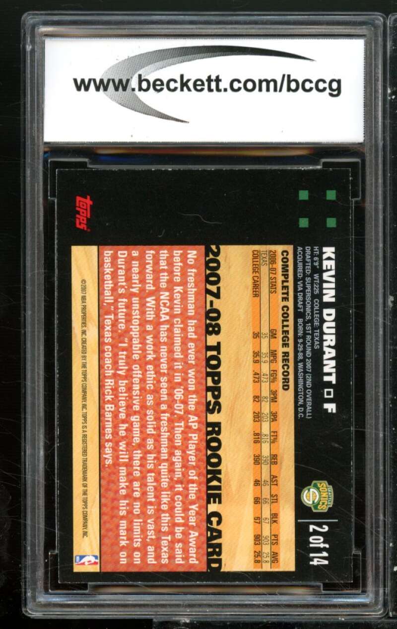 Kevin Durant Rookie Card 2007-08 Topps Rookie Set Orange #2 BGS BCCG 9 Image 2