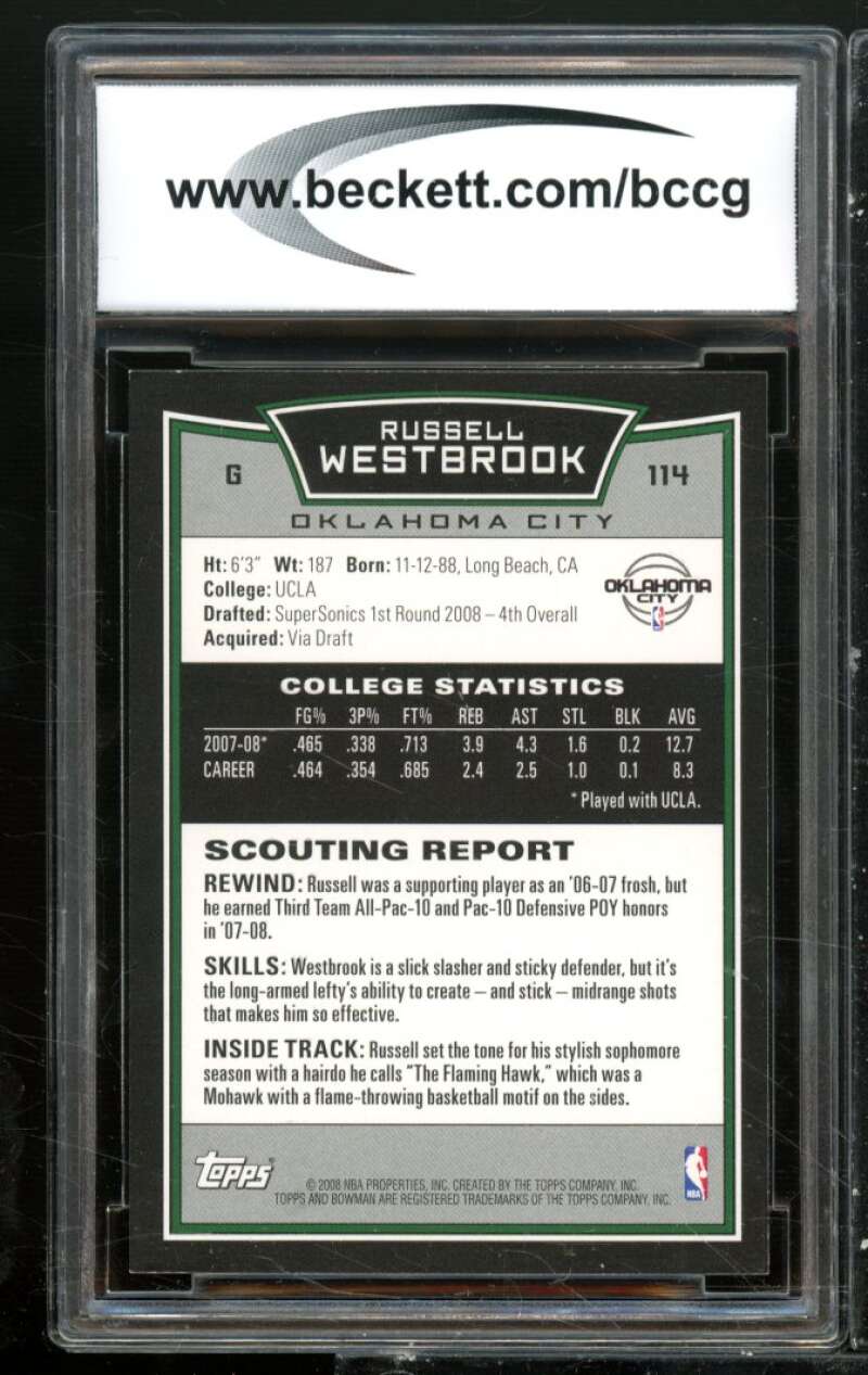 Russell Westbrook Rookie Card 2008-09 Bowman #114 BGS BCCG 10 Image 2