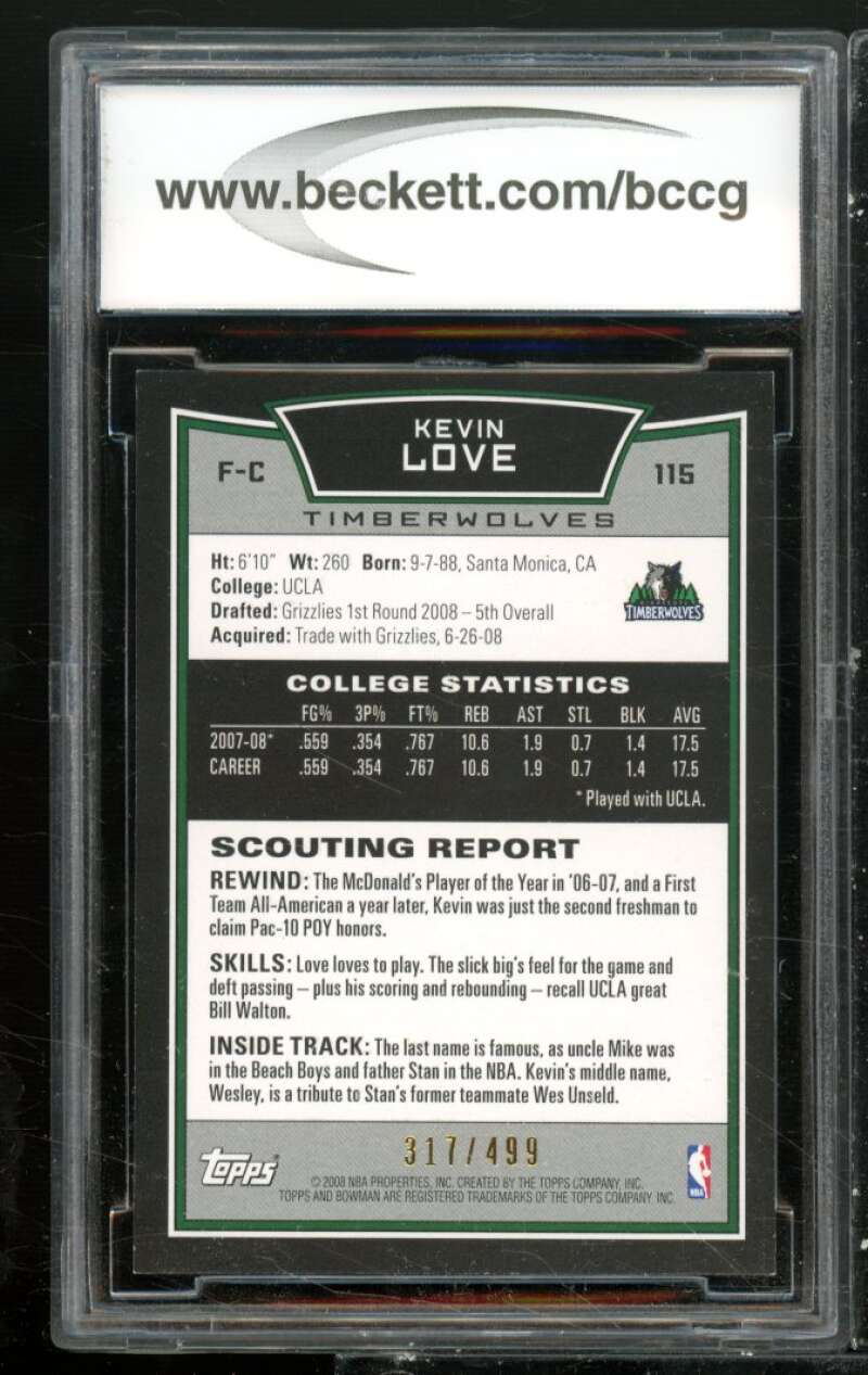 Kevin Love Rookie Card 2008-09 Bowman Blue #115 BGS BCCG 10 Image 2