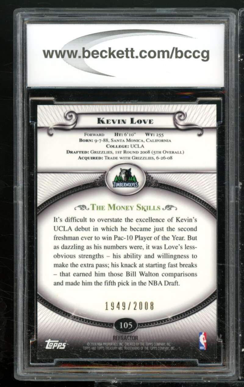 Kevin Love Rookie Card 2008-09 Topps Treasury Bronze Refractors #105 BGS BCCG 10 Image 2