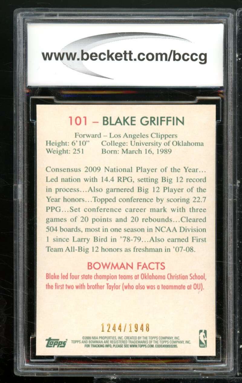 Blake Griffin Rookie Card 2009-10 Bowman 48 Blue #101 BGS BCCG 10 Image 2