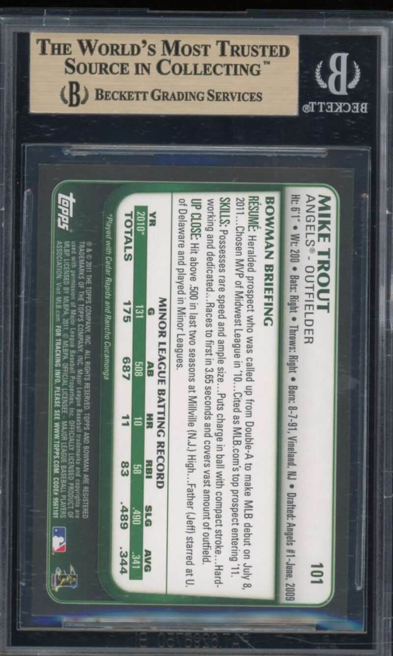 Mike Trout Rookie Card 2011 Bowman Draft #101 BGS 9.5 Image 2