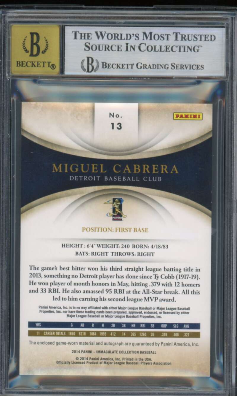 Miguel Cabrera 2014 Immaculate Collection Autograph Materials (# 9/10) #13 BGS 8 Image 2