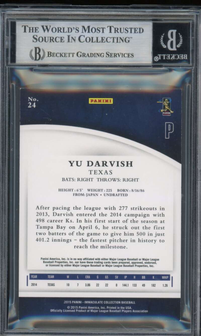 Yu Darvish Card 2015 Immaculate Collection Blue (Serial #d 1/10) #24 BGS 8.5 Image 2