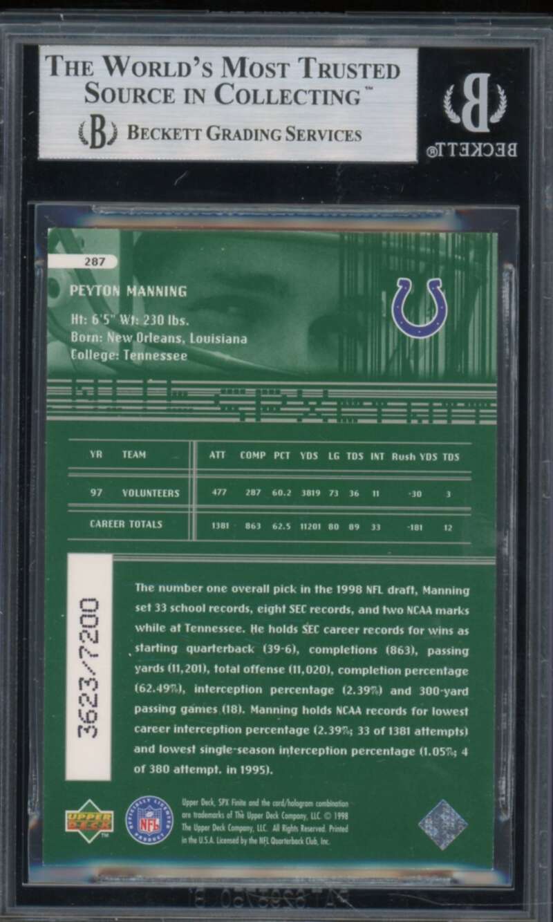 Peyton Manning Rookie Card 1998 SPX Finite #287 BGS 8.5 Image 2