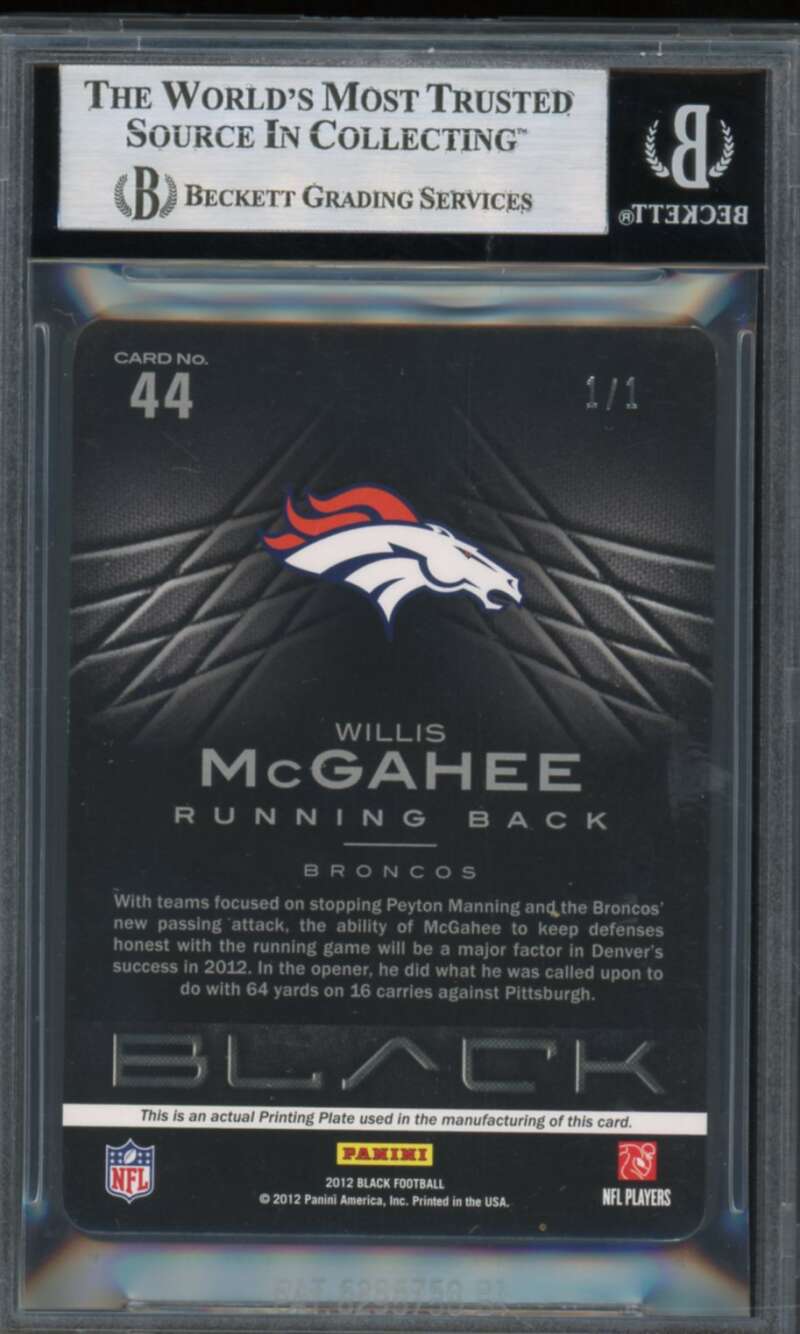 Willis McGahee 2012 Panini Black Printing Plates Cyan (Ser #d 1/1) #44 BGS 8.5 Image 2