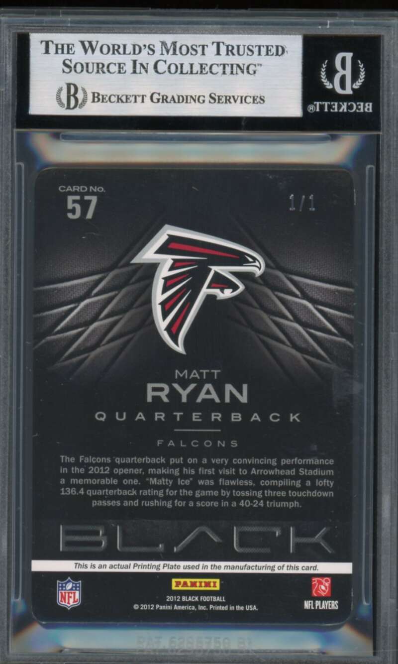 Matt Ryan 2012 Panini Black Printing Plates Cyan (Serial #d 1/1) #57 BGS 8.5 Image 2