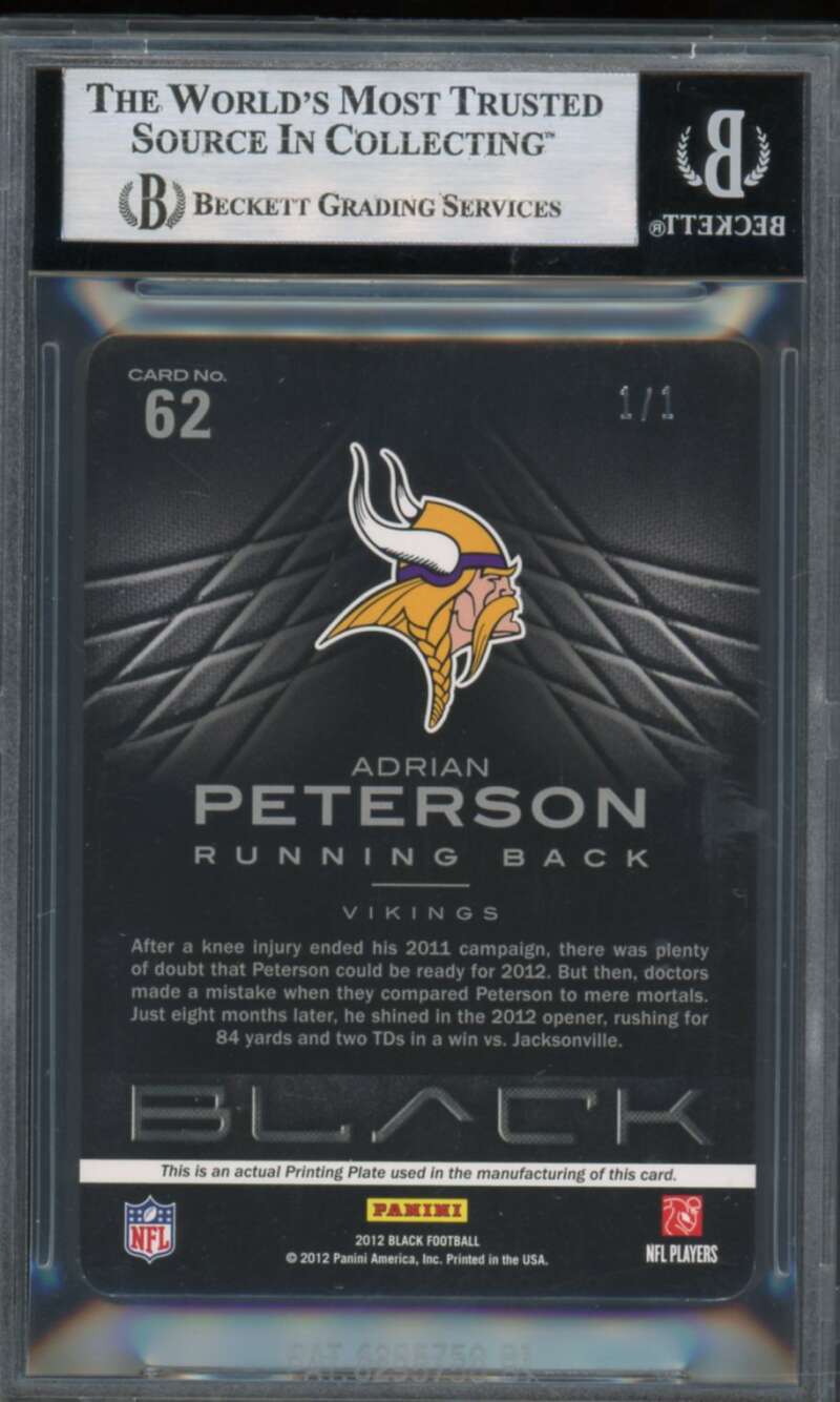 Adrian Peterson 2012 Panini Black Printing Plates Cyan (Ser #d 1/1) #62 BGS 8.5 Image 2