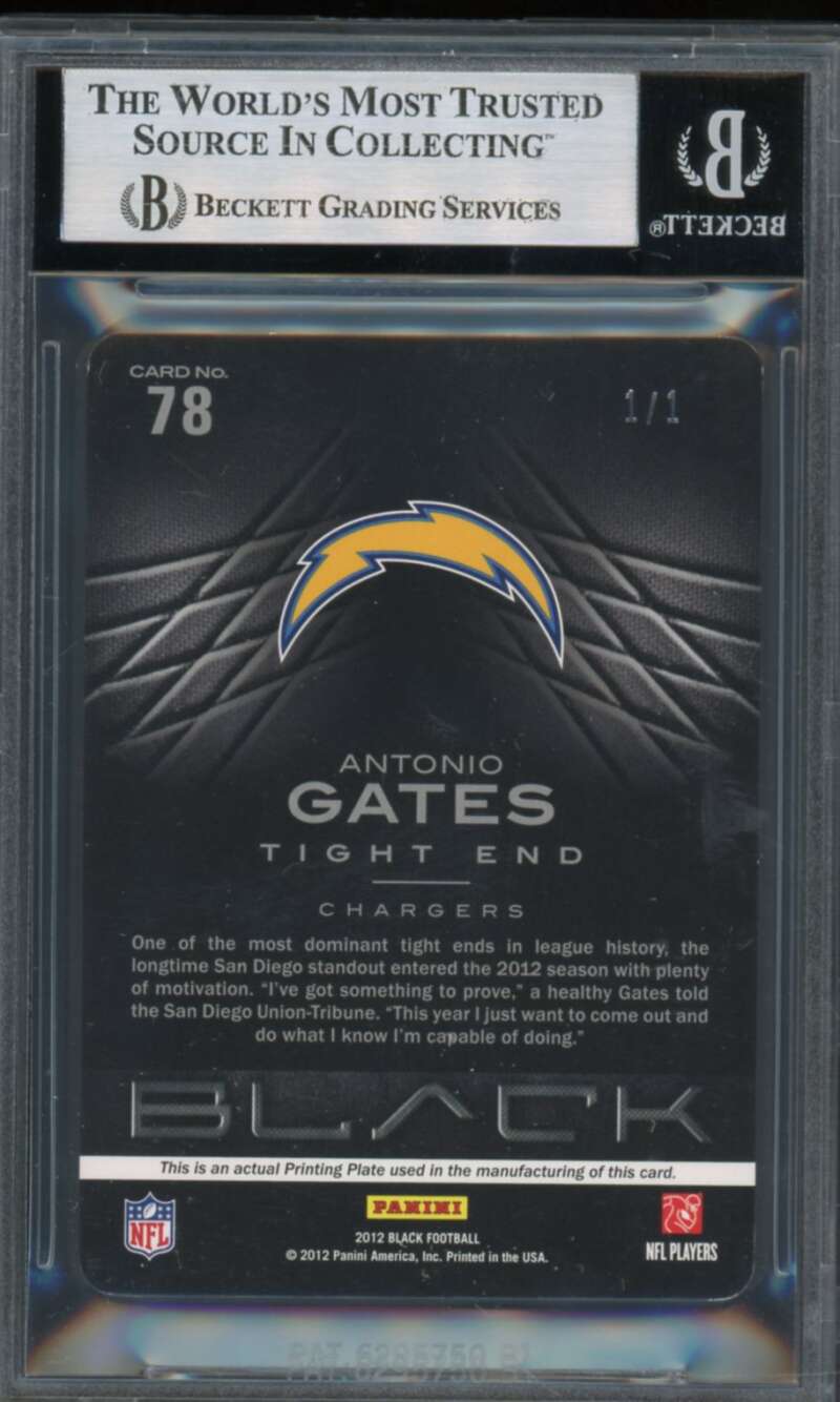 Antonio Gates 2012 Panini Black B Printing Plates Cyan (Ser #d 1/1) #78 BGS 8.5 Image 2