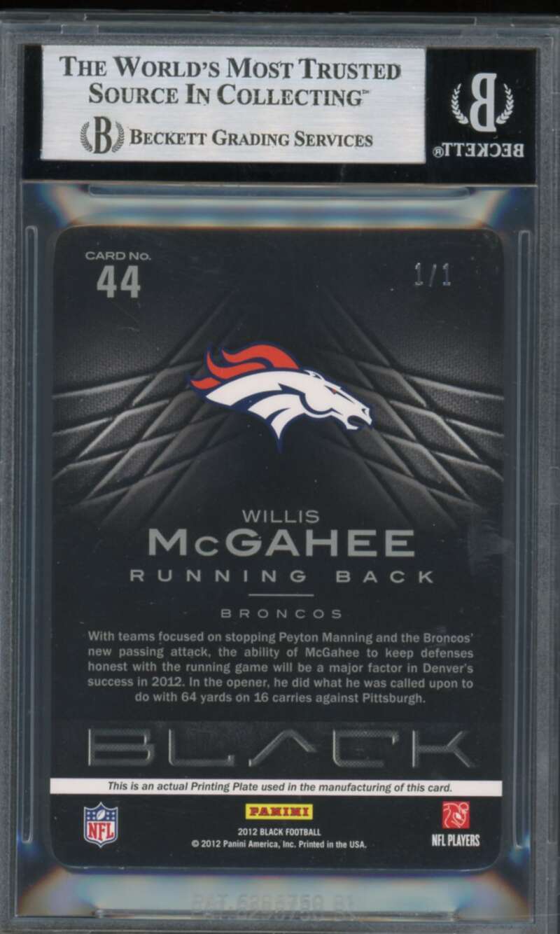 Willis McGahee 2012 Panini Black Printing Plate Magenta (Ser #d 1/1) #44 BGS 8.5 Image 2