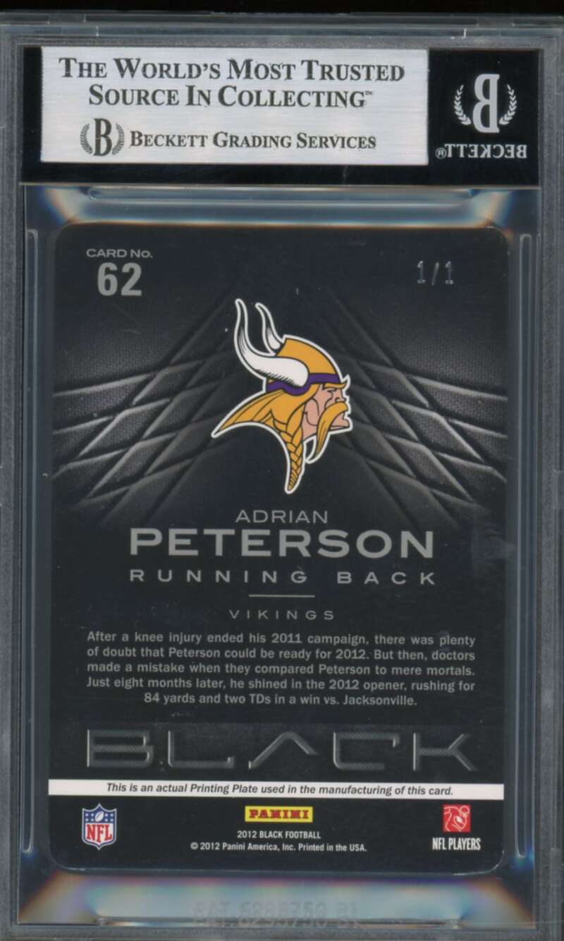 Adrian Peterson 2012 Panini Black Printing Plate Magenta (Ser #d 1/1) #62 BGS 8 Image 2