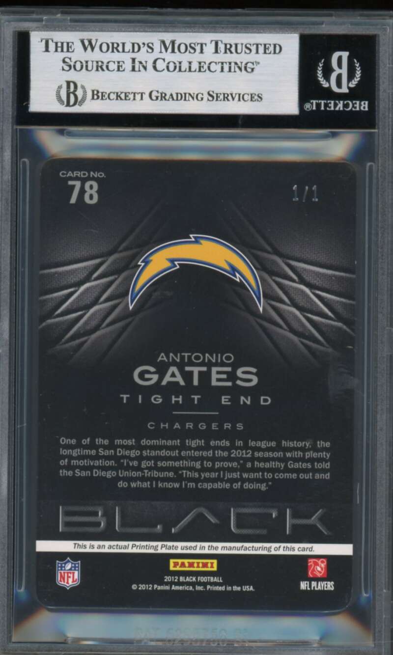 Antonio Gates 2012 Panini Black Printing Plates Magenta (Ser #d 1/1) #78 BGS 8.5 Image 2