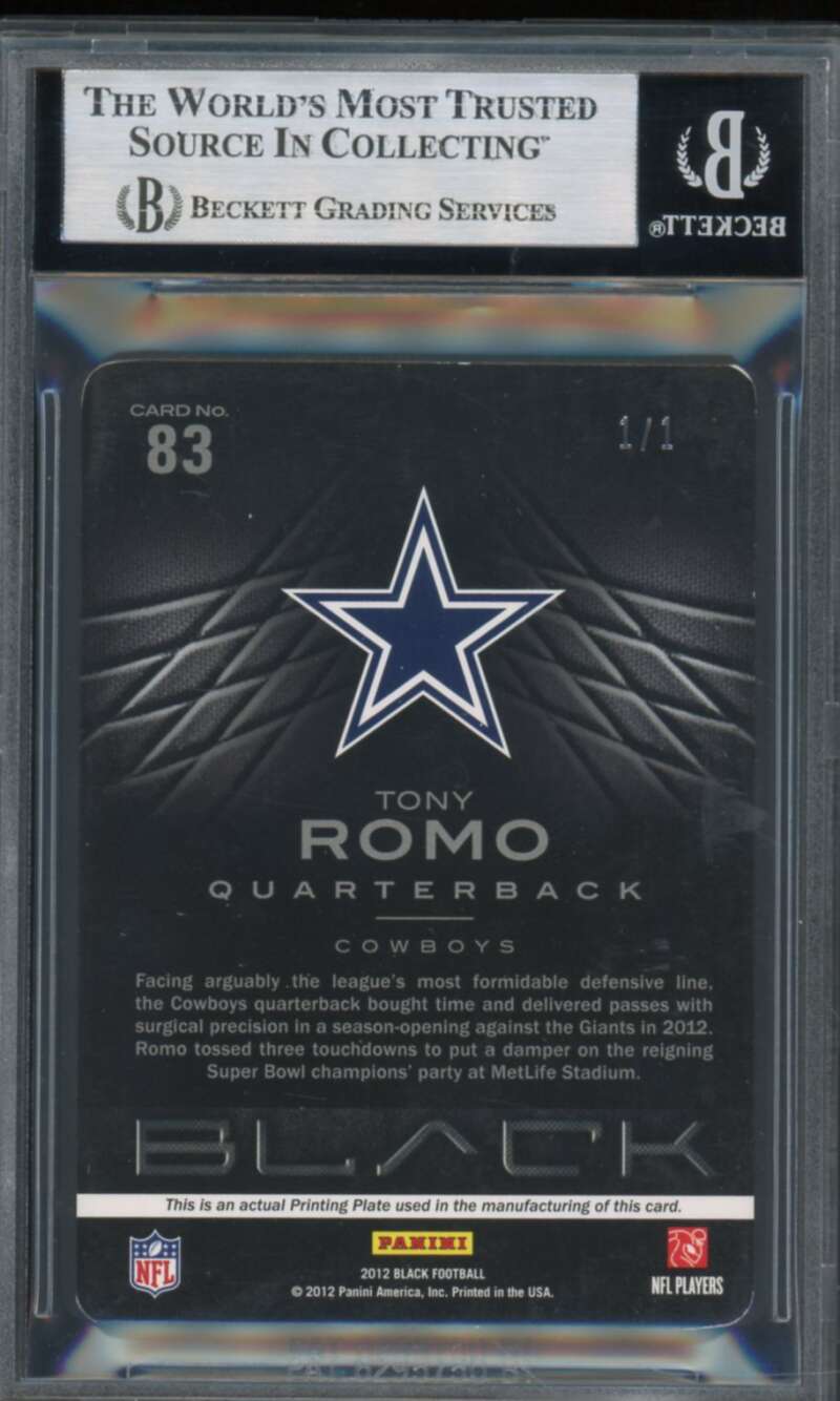 Tony Romo 2012 Panini Black Printing Plates Magenta (Serial #d 1/1) #83 BGS 7 Image 2