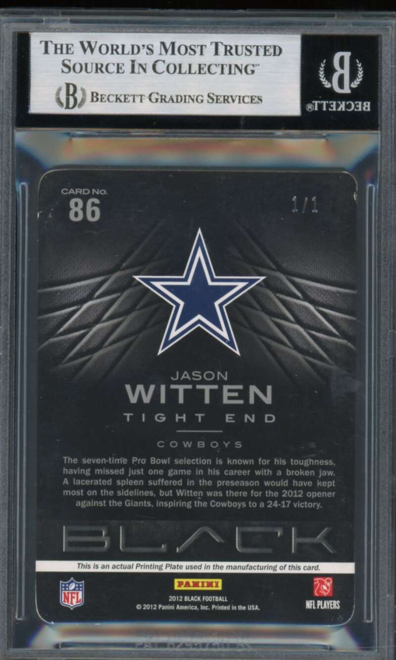 Jason Witten 2012 Panini Black Printing Plates Magenta (Serial #d 1/1) #86 BGS 8 Image 2