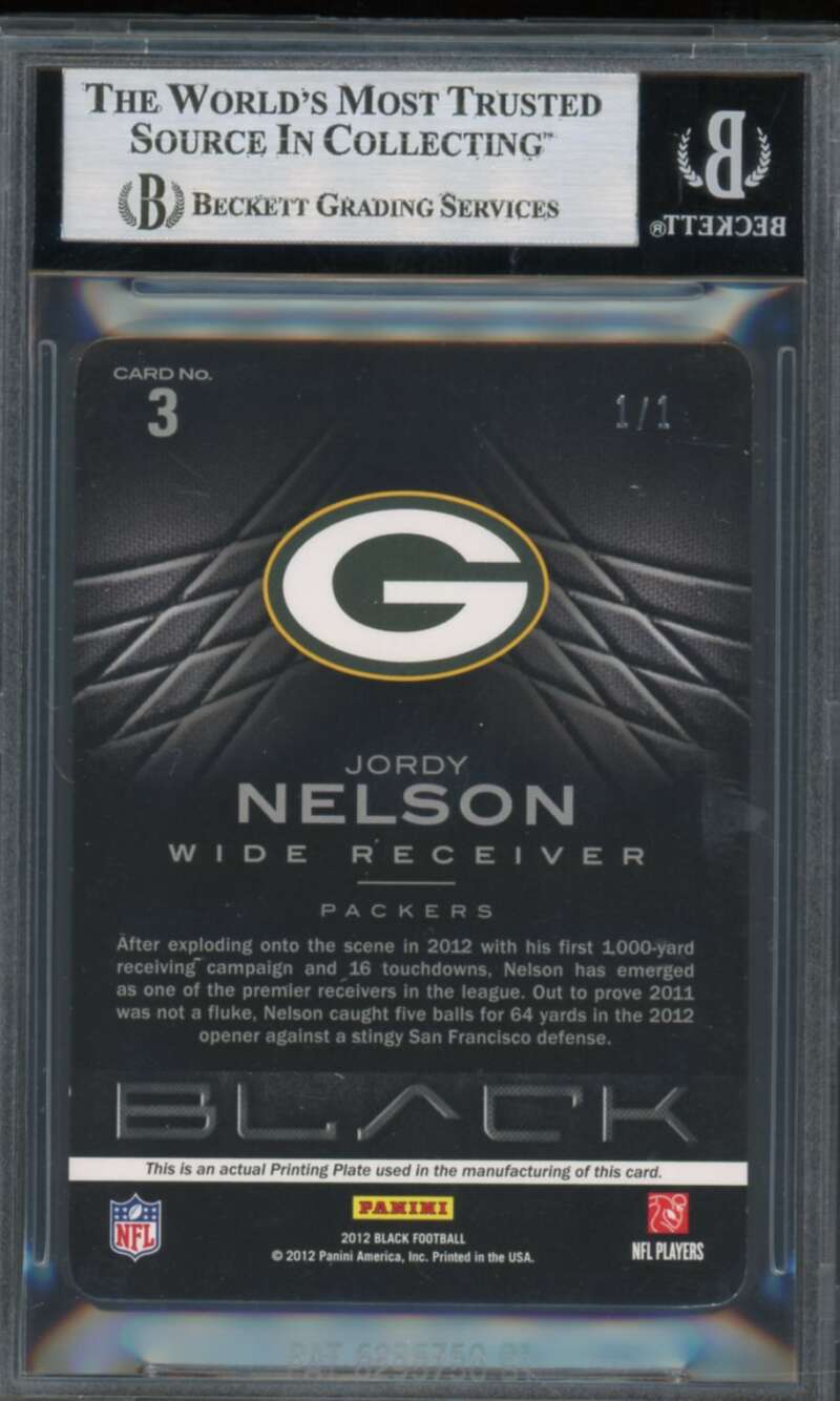 Jordy Nelson 2012 Panini Black Printing Plates Yellow (Serial #d 1/1) #3 BGS 8.5 Image 2