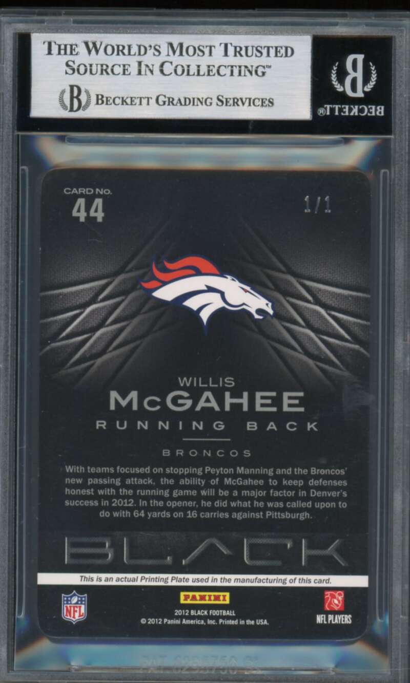 Willis McGahee 2012 Panini Black Printing Plates Yellow (Ser #d 1/1) #44 BGS 8.5 Image 2