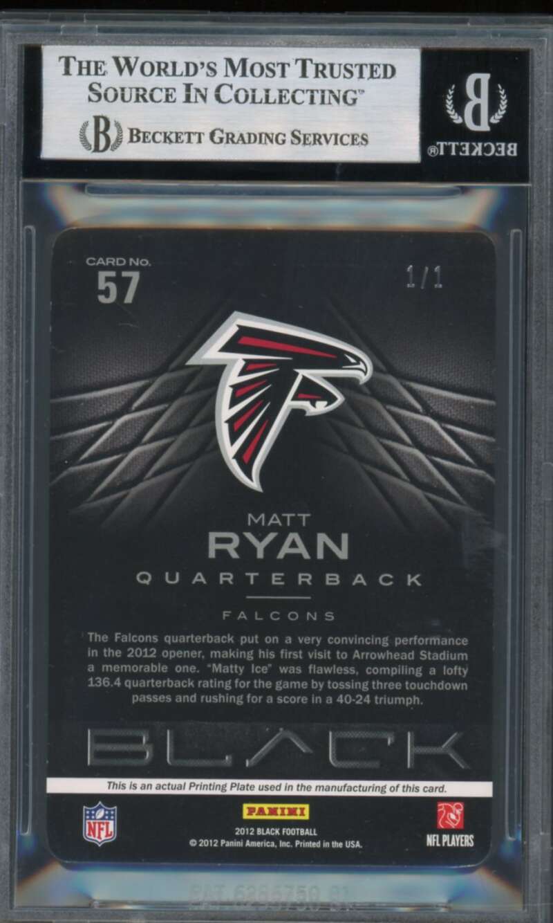 Matt Ryan 2012 Panini Black Printing Plates Yellow (Serial #d 1/1) #57 BGS 8.5 Image 2