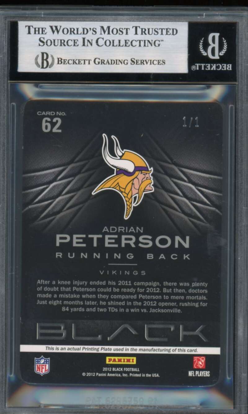 Adrian Peterson 2012 Panini Black Printing Plates Yellow (#d 1/1) #62 BGS 8.5 Image 2