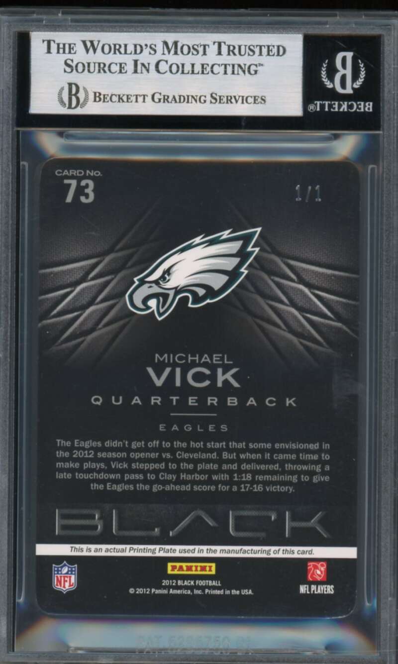 Michael Vick 2012 Panini Black Printing Plates Yellow (Ser #d 1/1) #73 BGS 8.5 Image 2