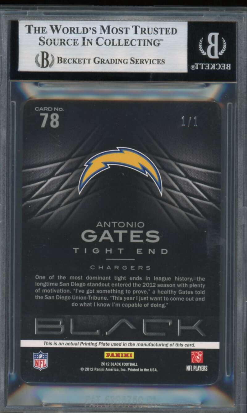 Antonio Gates 2012 Panini Black Printing Plates Yellow (Ser #d 1/1) #78 BGS 8.5 Image 2