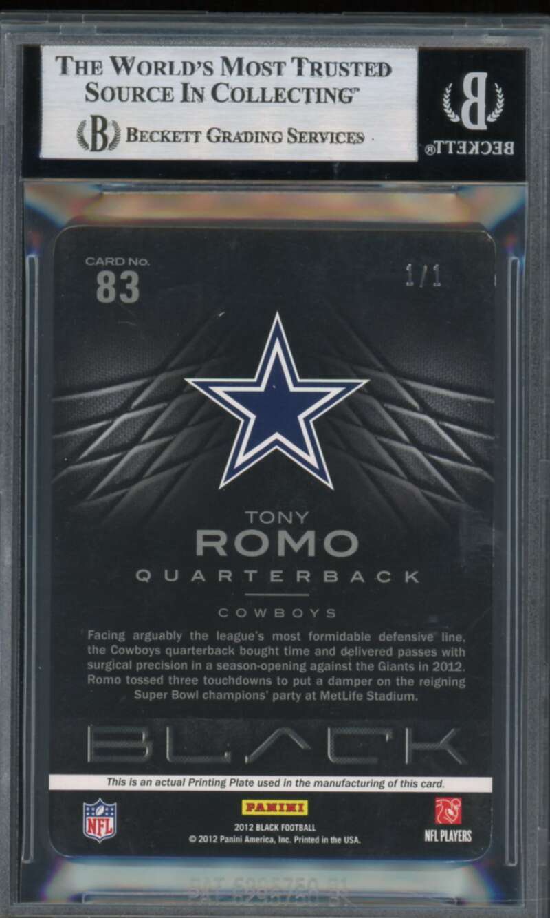 Tony Romo 2012 Panini Black Printing Plates Yellow (Serial #d 1/1) #83 BGS 7 Image 2