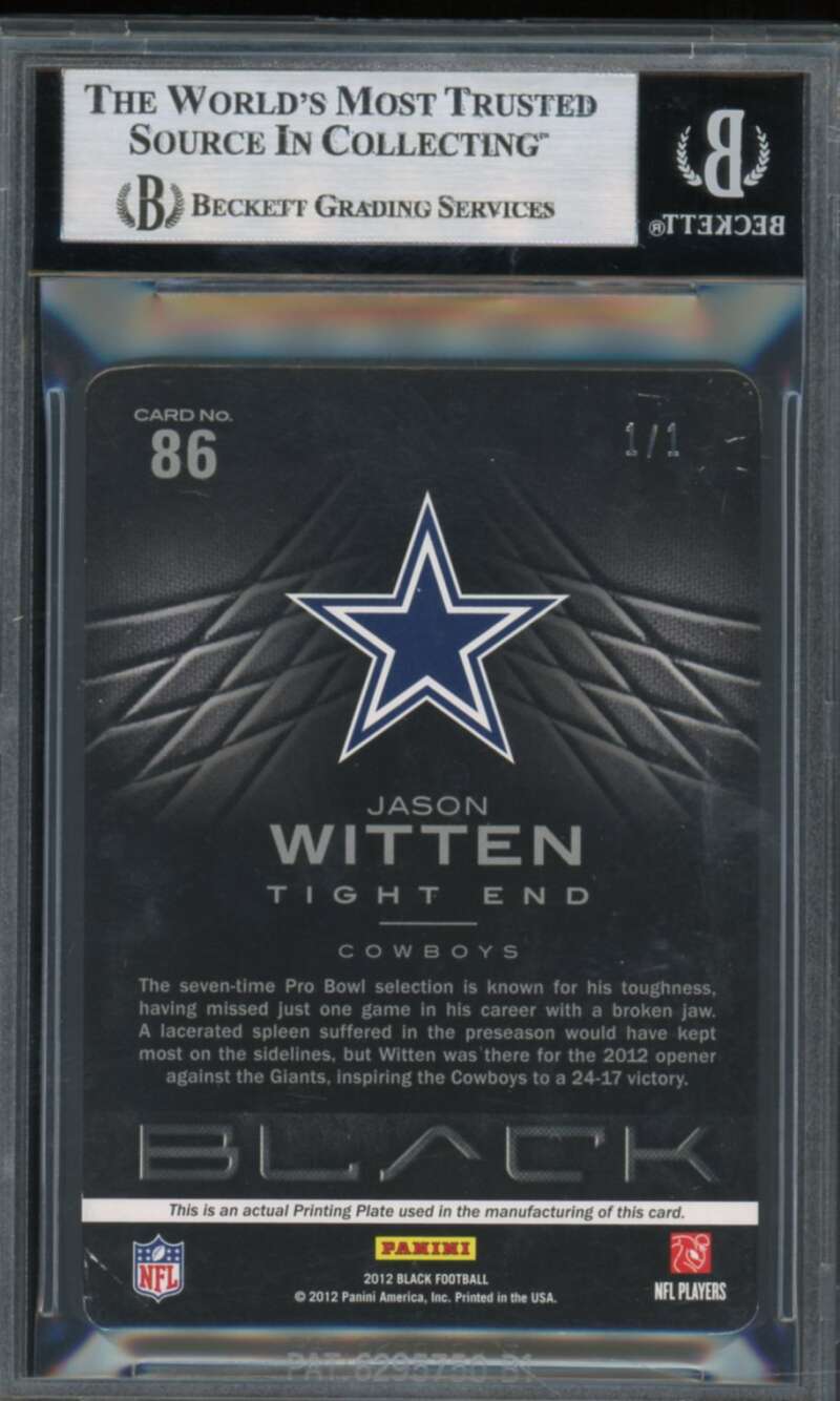 Jason Witten 2012 Panini Black Printing Plates Yellow (Serial #d 1/1) #86 BGS 8 Image 2