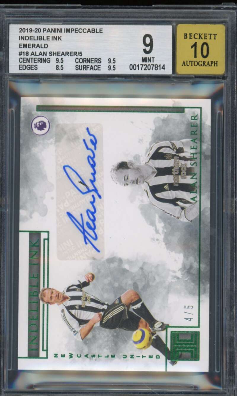 Alan Shearer Card 2019-20 Impeccable Indelible Ink Emerald (#d 4/5) #18 BGS 9 Image 1