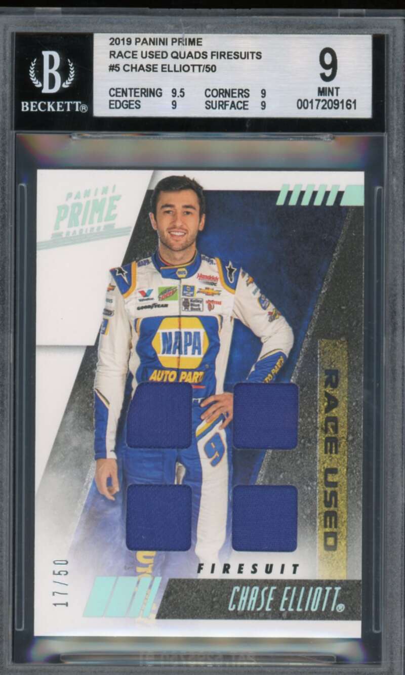 Chase Elliott 2019 Panini Prime Race Used Quads Firesuits (#d 17/50) #5 BGS 9 Image 1