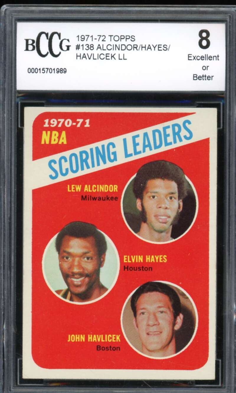 1971-72 Topps #138 Lew Alcindor/Elvin Hayes/John Havlicek BGS BCCG 8 Excellent+ Image 1