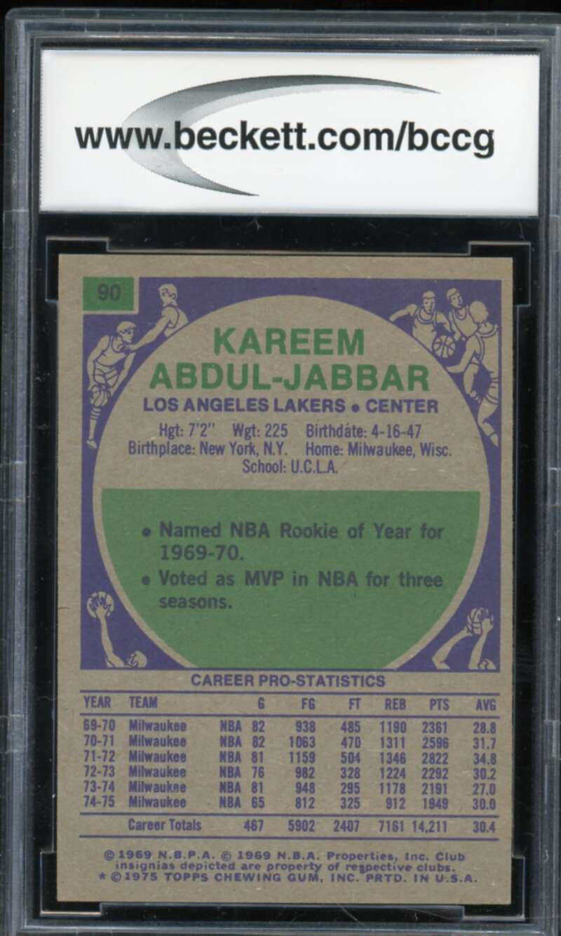 1975-76 Topps #90 Kareem Abdul-Jabbar Card BGS BCCG 8 Excellent+ Image 2