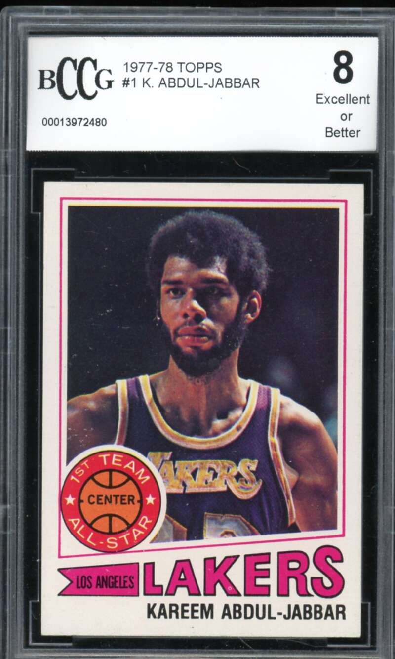 1977-78 Topps #1 Kareem Abdul-Jabbar Card BGS BCCG 8 Excellent+ Image 1