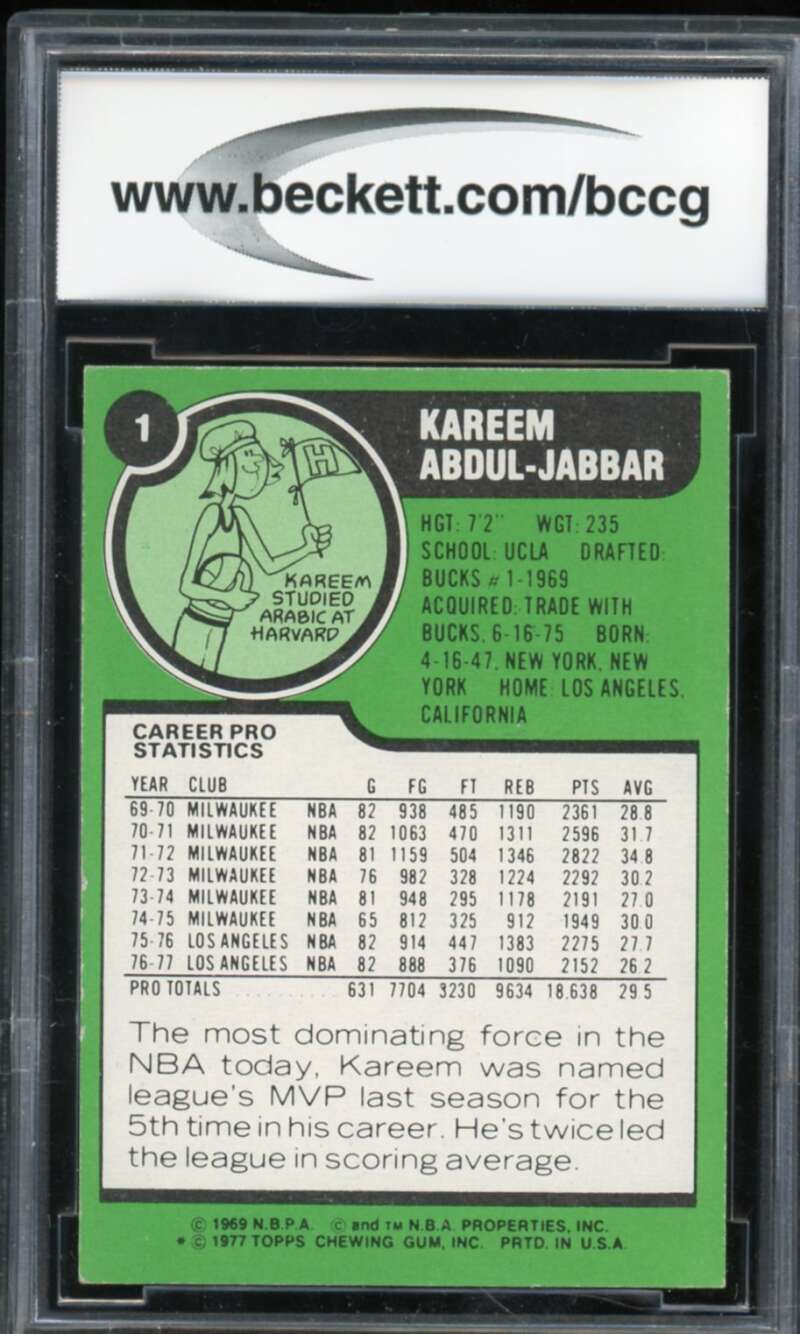 1977-78 Topps #1 Kareem Abdul-Jabbar Card BGS BCCG 8 Excellent+ Image 2