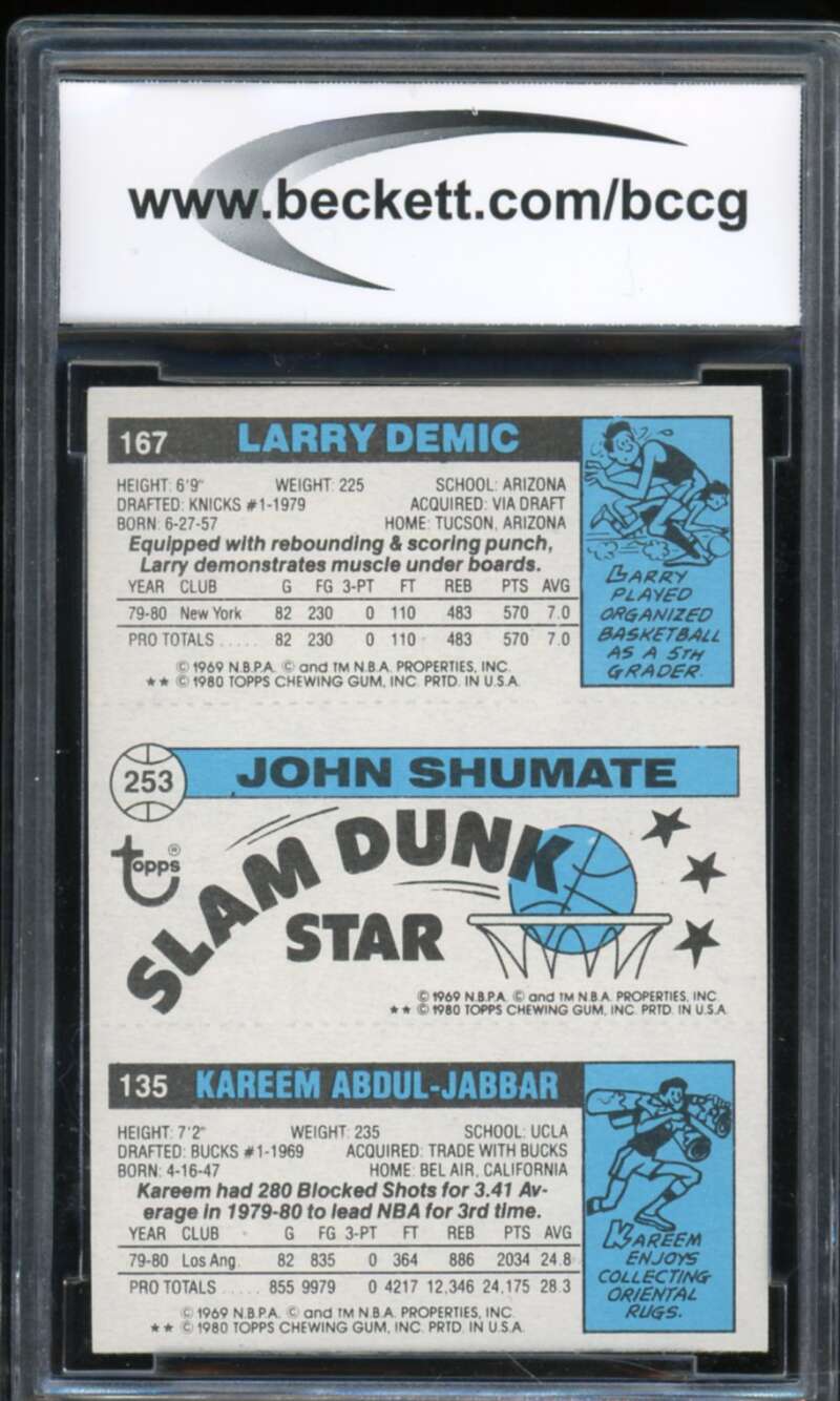 1980-81 Topps #132 Abdul-Jabbar/Shumate/Demic Card BGS BCCG 9 Near Mint+ Image 2