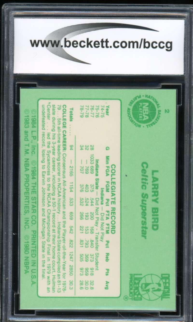 1984 Star #2 Larry Bird Collegiate Stats Card BGS BCCG 9 Near Mint+ Image 2