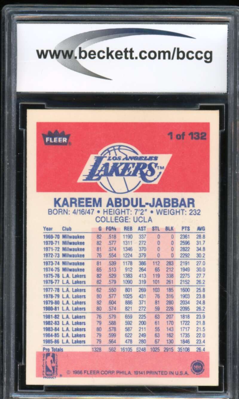 1986-87 Fleer #1 Kareem Abdul-Jabbar Card BGS BCCG 8 Excellent+ Image 2